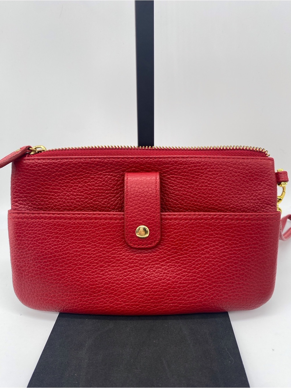 Red Pebble Leather Wristlet Clutch with Gold Accent